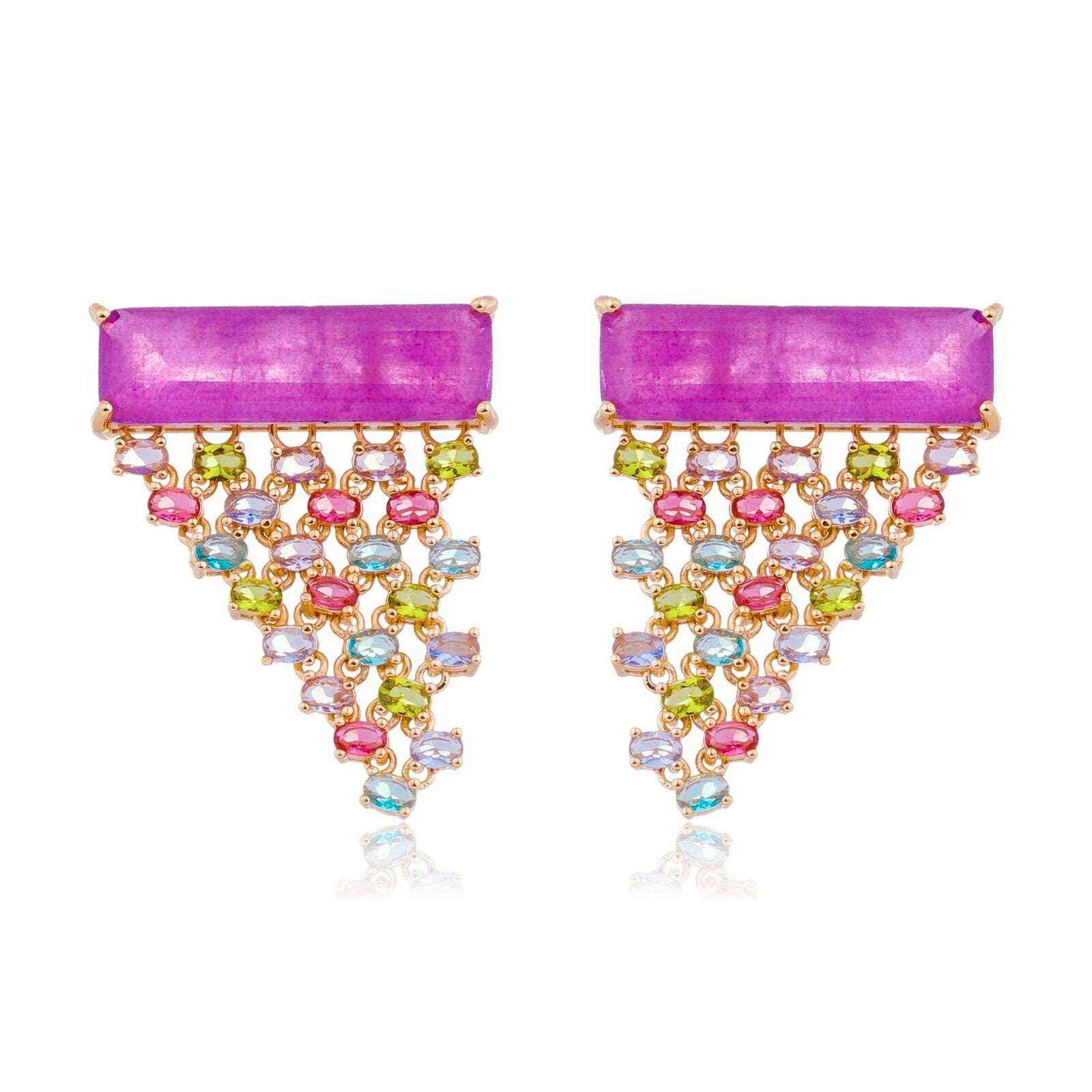 Brinco Lume - Tanzanita Retangular com Cascata de Zircônias Coloridas